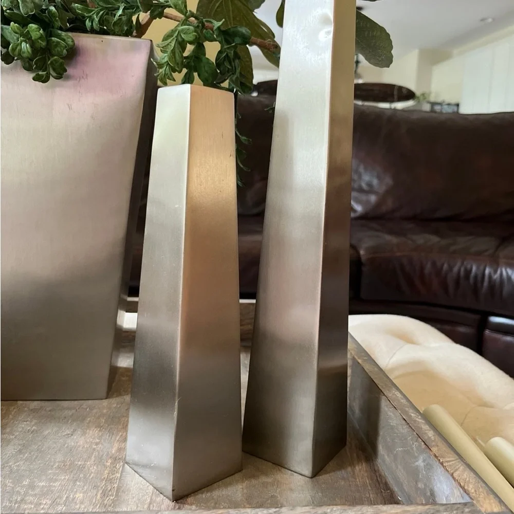 Pottery Barns Zinc medium vase and candle holders